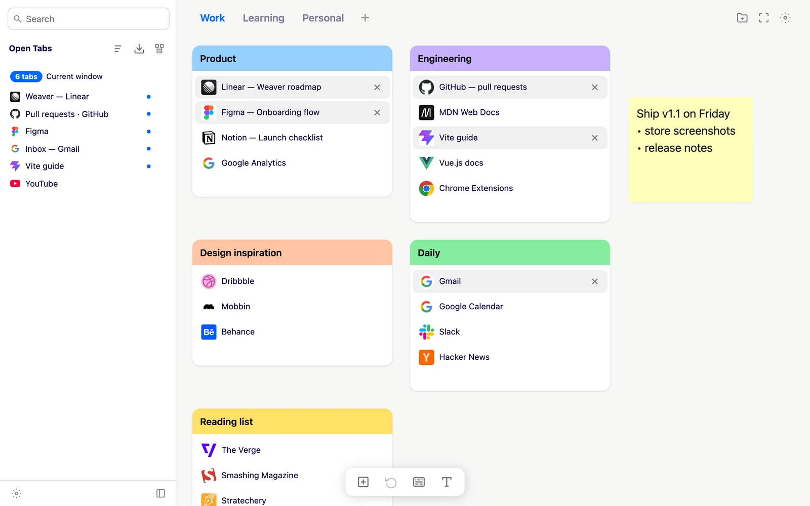 Weaver new tab with Spaces, color-coded folders, open tabs and a sticky note